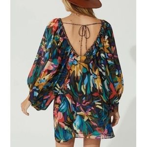 Jen's Pirate Booty x Free People Orissa M Black Blue Abstract Chiffon Mini Dress